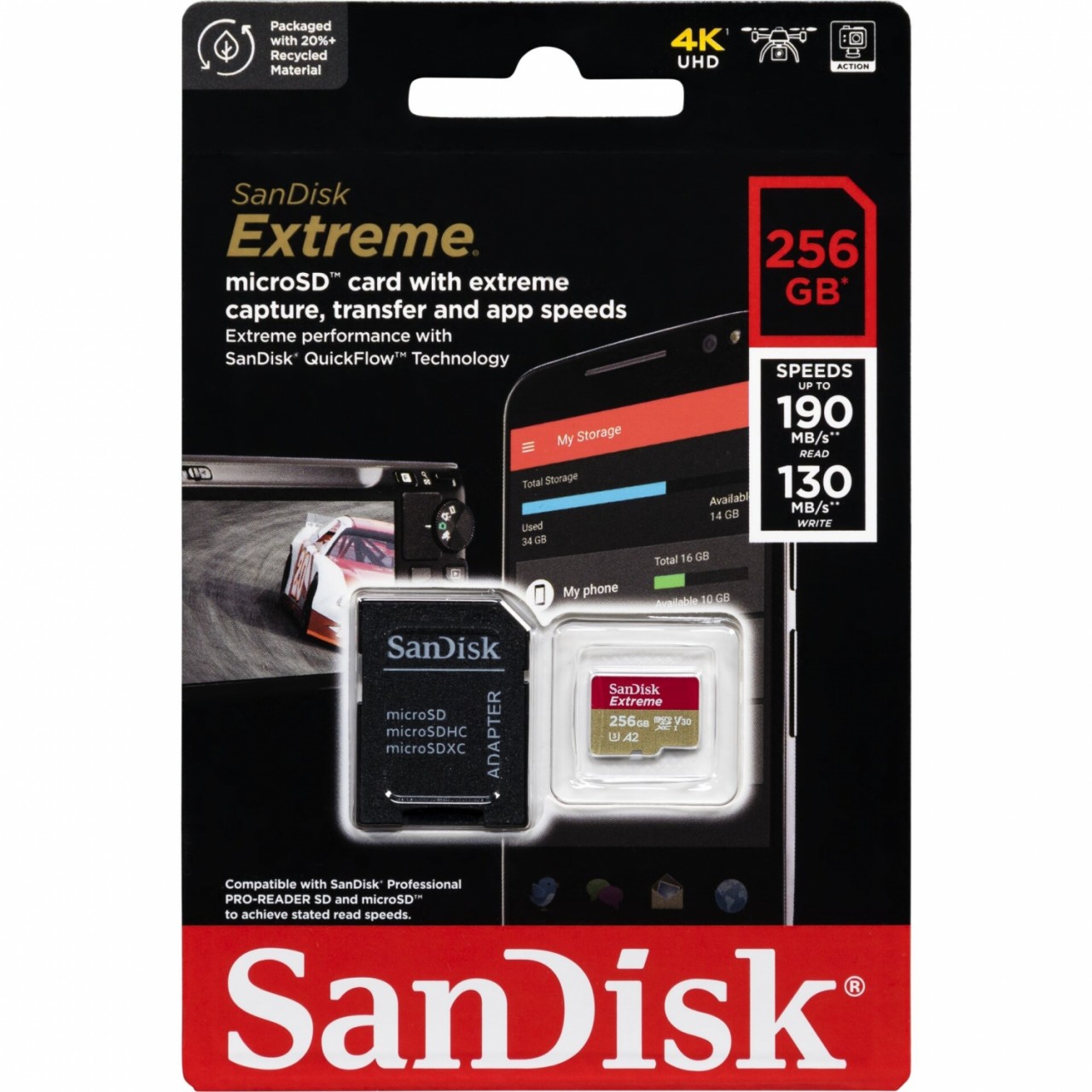 SanDisk 256 GB Extreme microSDXC-Karte + SD-Adapter + RescuePRO Deluxe, bis zu 190 MB/s, mit A2