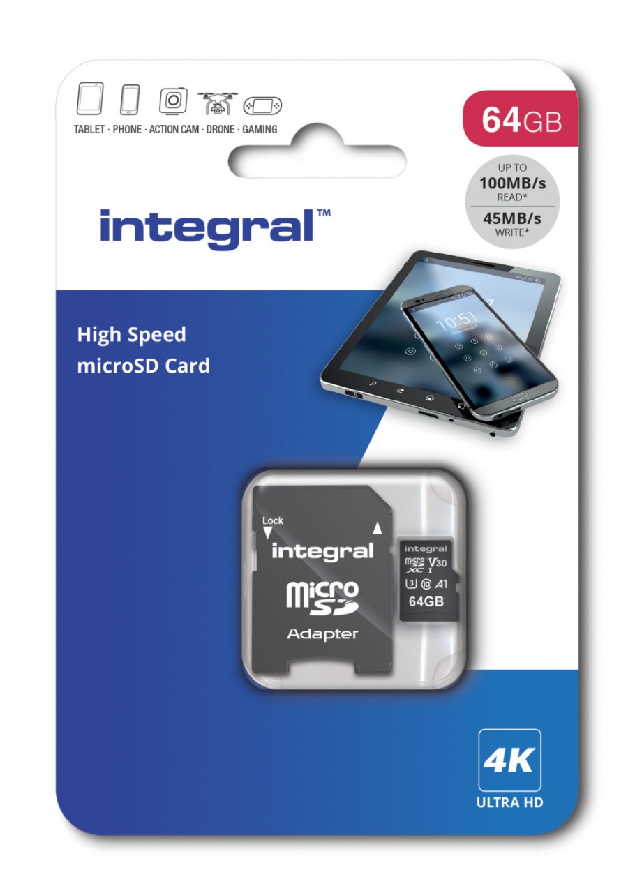 Integral INMSDX64G-100V30 64GB MICRO SD CARD MICROSDXC UHS-1 U3 CL10 V30 A1 UP TO 100MBS READ 45MBS